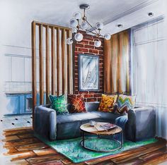 a drawing of a living room with a couch, coffee table and lamp hanging from the ceiling