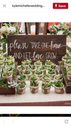 a table topped with potted plants next to a sign that says please take one - home and let love grow