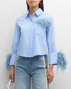 Hellessy Anatole Feather-Trim Collared Shirt Spring Long Sleeve Tops With Feathers, Feather Trim, Shirt Cuff, Ostrich Feathers, Collared Shirt, Poplin Shirt, Preppy Style, Collar Shirts, Jimmy Choo