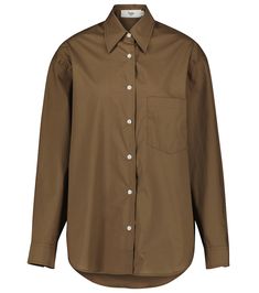 Frankie Shop's Everyday shirt is a timeless staple piece. Cut from green cotton poplin, it has a relaxed fit with a large patch pocket on the chest. Classic Brown Shirt With Patch Pockets, Brown Cotton Shirt For Work, Brown Cotton Shirt With Patch Pockets, Khaki Shirt With Patch Pockets For Work, Classic Brown Shirt With Buttoned Pockets, Green Work Shirt With Patch Pockets, Khaki Collared Cotton Blouse, Khaki Cotton Collared Blouse, Collared Cotton Blouse In Khaki