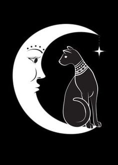 a black and white drawing of a cat sitting on the moon next to a woman's face