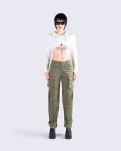 Bad b*tch alert 😜 Featuring a white knit hood cropped top and olive utility pocket pants - this two-piece set will have everyone trying to get on your level 💋 White Utility Cargo Pants For Fall, Cropped Bottoms With Pockets For Streetwear, Casual Cropped Cargo Pants With Pockets, Cropped Streetwear Bottoms With Pockets, Casual Cropped Green Pants, Casual Green Cropped Pants, Green Cropped Casual Pants, Mid-rise Utility Cargo Jeans With Multiple Pockets, High-waisted Utility Cargo Pants With Multiple Pockets