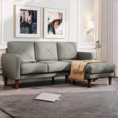 a living room scene with focus on the couch and rugs in the foreground