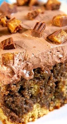 a close up of a piece of cake on a white plate with chocolate frosting