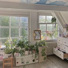 a room filled with lots of potted plants next to a window and dresser under a painted skylight