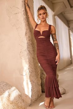 Eternal Muse Maxi Dress - Chocolate Brown Party Dress With Ruched Bodice, Brown Sleeveless Dress With Ruched Bodice, Brown Ruched Maxi Dress For Date Night, Cathlin Ulrichsen, Brown Maxi Dress, Red Dress Day, Brown Maxi Dresses, Birthday Fits, Jumpsuit Dressy