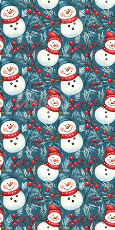 snowmen with red hats and green leaves on a blue background, seamless fabric