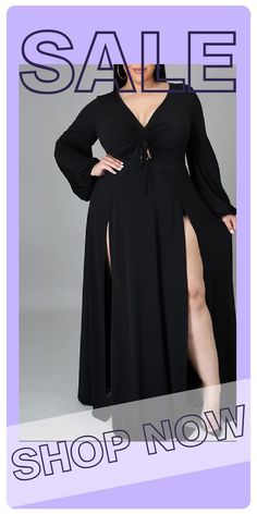 Black Elegant Solid Split Joint Frenulum High Opening V Neck Long Sleeve Plus Size Dresses Black V-neck Dress With Split Design, Long Sleeve Maxi Dress With Split Design For Party, Spring Long Sleeve Dress With Split Design, Long Sleeve Dresses With Split Design For Spring, Long Sleeve Maxi Dress For Going Out, Long Sleeve Dresses, Fashion Aesthetics, Quince Dresses, Plus Size Fashion For Women