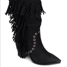 100% Leather Origin Imported Sole Material Man Made Shaft Height Mid-Calf. Pointed Toe Fringe Chic Black Boots With Fringe, Black Western Boots With Flat Heel, Edgy Black Low Heel Boots, Edgy Black Suede Boots, Navy Block Heels, Black West, Stacked Heel Ankle Boots, Sparkly Boots, Grey Suede Boots