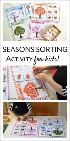 the seasons sorting activity for kids is shown with pictures and words to help them learn how to