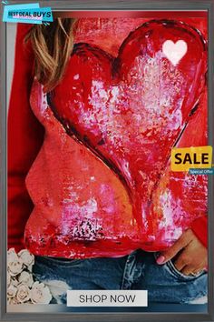 Women's Pullovers Casual Heart-shaped Color Block Long Sleeve Round Neck Pullovers Red Tops With Heart Graphic For Spring, Red Heart Graphic Top For Spring, Trendy Heart Print Tops For Winter, Trendy Heart Print Tops For Fall, Casual Heart Print Tops For Fall, Long Sleeve Tops With Heart Print For Spring, Red Tops With Heart Graphic For Fall, Trendy Long Sleeve Top With Heart Print, Casual Spring Sweater With Heart Graphic