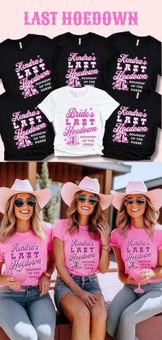 three women wearing pink shirts and cowboy hats