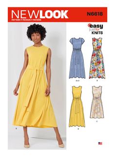 a woman in a yellow dress with different patterns on it and the words easy knits written