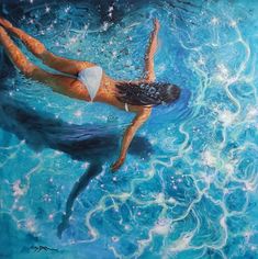 a painting of a woman swimming in the ocean