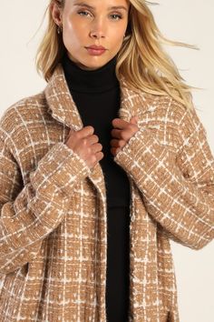 Grab some coffee and conquer the day in style in the Lulus Cozy Conditions Tan and White Knit Plaid Coatigan! Heavy-gage sweater knit, with a plaid-style pattern throughout, shapes this coat-inspired cardigan that has a collared neckline, notched lapels, and an open front bodice. Twin front patch pockets complete the look! Pair with your fave fall fits and a pair of booties for a trendy vibe! Fit: This garment fits true to size. Length: Knee Length. Size medium measures 36.5" from shoulder to he Chic Plaid Cardigan With Long Sleeves, Chic Plaid Long Sleeve Cardigan, Plaid Cardigan For Workwear In Fall, Winter Plaid Outerwear For Layering, Plaid Outerwear For Winter Layering, Winter Tops For Women, Lulu Fashion, Winter Tops, Plaid Fashion