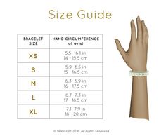 the size guide for bracelets and wristbands is shown in white with gold lettering