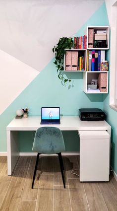 a white desk with a laptop on it