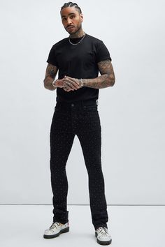 Available In Black and Light Blue All Over Diamond Pattern Jeweled Detail 5 Pocket Detail Zip Fly Button Closure Open Hem 82% Cotton 16% Polyester 2% Spandex Disclaimer: Rhinestone Placement Will Vary. Imported | Mens I Be Jeweled Stacked Skinny Flare Jeans in Black size 32 by Fashion Nova Rhinestone Jeans Men, Black Flare Jeans Outfit Men, Flared Jeans Outfit Men, Luxury Men's Relaxed Fit Flare Jeans, Luxury Men's Denim Blue Flare Jeans, Black Stacked Jeans Men, Luxury Washed Black Men's Jeans, Lace Jeans, Pocket Detail