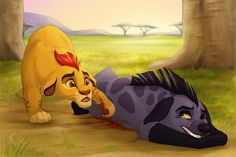 the lion and the mouse are playing in the forest together, with one lying down on the ground