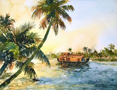 a painting of a boat on the water with palm trees in the foreground and a houseboat passing by