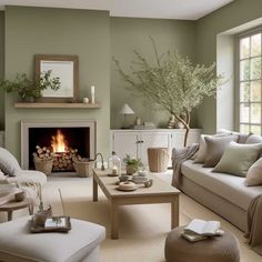 a living room filled with furniture and a fire place in the middle of the room