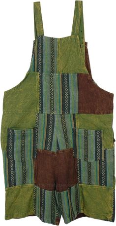 Hippie Voyage Patchwork Cotton Romper with Pockets | Dresses | Green | Sleeveless, Patchwork, Junior-Petite, Pocket, Vacation, Bohemian Brown Cotton Overalls With Pockets, Brown Cotton Overalls, Cotton Overalls With Side Pockets, Sleeveless Cotton Jumpsuits And Rompers With Pockets, Brown Cotton Summer Overalls, Brown Cotton Overalls For Summer, Cotton Overalls With Patch Pockets And Bib Front, Cotton Jumpsuits And Rompers With Adjustable Straps, Cotton Jumpsuit With Adjustable Straps And Bib Front