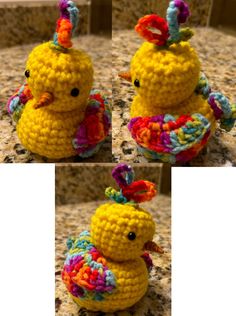 crocheted yellow bird with multicolored feathers sitting on top of a counter