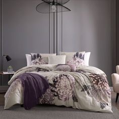 Shades Of Plum And Amethyst Come To Life On The Dahlia Purple 5 Piece Comforter Sets Bold, Enlarged Floral Print, While On The Reverse Side, A More Subdued Neutral Version Of The Print Tones Down The Effect. The Versatility Of This Soft 200 Thread Count 100% Cotton Sateen Reversible Comforter Makes It At Home In Any Style Of Room. The 5 Piece Set Includes A Reversible Comforter, 2 Reversible Shams With Embroidered And Printed Decorative Pillows. Set Includes: 1 Comforter | 2 Shams | 2 Decorative Luxury Comforter Sets, Egyptian Cotton Sheets, Modern Color Palette, Reversible Comforter, King Comforter Sets, Rustic Bedding, Floral Bedding, Cotton Comforters, Summer Bedding