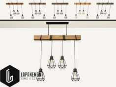 the light fixtures are hanging from the ceiling and have bulbs attached to them with wood planks