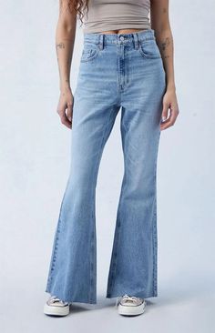 Get the ultimate laidback look with PacSun's Stretch Medium Indigo High Waisted Flare Jeans. These comfy high-rise jeans are crafted with stretchy fabric, allowing for unrestricted movement while maintaining total comfort. Complete with flared leg openings and a raw-cut hem, these jeans add a touch of edge to your style..Learn more about PacSun eco items Washed Blue Stretch High Rise Flare Jeans, Stretch High Rise Flare Jeans, High Rise Stretch Flare Jeans, High Rise Flare Jeans For Summer, Summer Flare Bottoms Washed, Light Wash High Waist Relaxed Fit Flare Jeans, High Waist Light Wash Relaxed Fit Flare Jeans, Washed Blue High Waist Flare Jeans With Relaxed Fit, Medium Wash High-waisted Flare Jeans Relaxed Fit