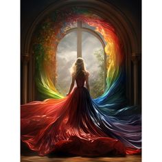 a woman standing in front of an open window wearing a rainbow colored dress and flowing hair