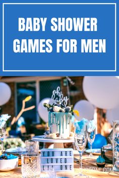 a baby shower game for men with blue and white decorations on the table in front of it