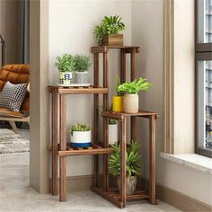 three wooden shelves with plants on them next to a window