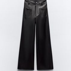 Zw Zara Woman High-Waisted Pants With Back Patch Pockets. Unfinished Hem. Front Zip And Button Closure. Black 2969/240 Outer Shell Base Fabric 100% Polyester Coating 100% Polyurethane High-waisted Leather Pants With Pockets For Work, Spring Wide-leg Leather Pants With Pockets, Chic Straight Leather Pants With Pockets, Wide Leg Leather Pants With Pockets For Party, Elegant Black Wide-leg Leather Pants, High Waist Faux Leather Wide Leg Pants, Chic Wide-leg Faux Leather Pants, Chic High Waist Faux Leather Wide Leg Pants, Chic Faux Leather Wide-leg Pants