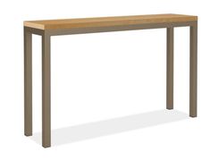 a long wooden table sitting on top of a white floor