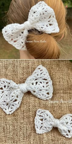 two crocheted bows are shown in three different pictures, one is white and the other is beige