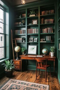 a room with bookshelves and a desk in front of a window filled with plants