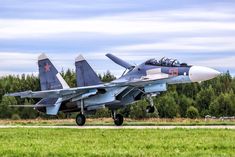 a fighter jet sitting on top of an airport tarmac next to grass and trees