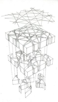 a drawing of several boxes stacked on top of each other with lines going through them