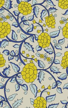 a yellow and blue flower pattern on a white background