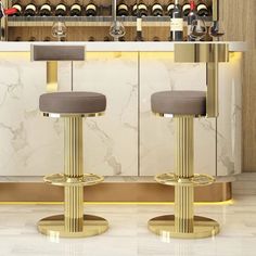 two stools in front of a bar with wine bottles