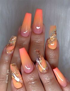 Ombre pink and orange and gold glitter on almond nails - 40 Fabulous Nail Designs That Are Totally in Season Right Now - clear nail art designs Ombre Acrylic Nails, Gold Nail, Fall Acrylic Nails, Summer Acrylic Nails, Nail Designs Glitter, Acrylic Nail Art, Clear Nails, Fabulous Nails