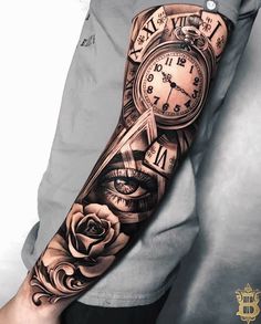 an arm with a clock and roses on it