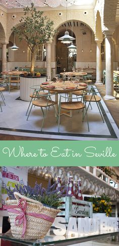 the inside and outside of a restaurant with tables, chairs, and baskets on display