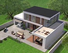 an artist's rendering of a modern house in the middle of a green yard