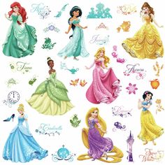 disney princess stickers are on the back of a cell phone, and there is an image of them in different colors