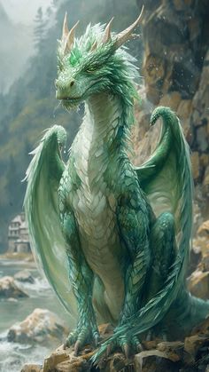 a green dragon sitting on top of a rock