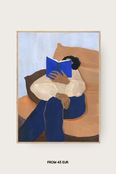 a painting of a person sitting on a couch with a book in their lap, reading