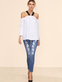 Contrast Strap Cold Shoulder Top -SheIn(Sheinside) White Cold Shoulder Top, Ripped Boyfriend Jeans, Women Tunic Tops, Women Blouses, Online Dress Shopping, Cold Shoulder Top, Cotton Style, Boyfriend Jeans, Spring Outfits