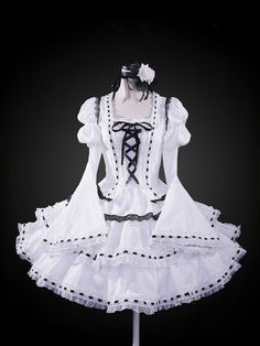 This price includes a dress, a headpiece and a pair of socks.  Transform into your favorite Shugo Chara character with this stunning Tsukiyomi Utau White Jacquard Dress! Perfect for cosplay events, this lolita-style costume captures the essence of the character's elegant and stylish look. Made with high-quality materials and intricate detailing, this dress is a must-have for any Shugo Chara fan looking to bring their favorite character to life. Embrace the magic of transformation and stand out i White Anime Print Costumes For Themed Events, Harajuku Style White Costume For Themed Events, Anime Style Dresses For Halloween Themed Events, Fitted Cosplay Costume With Attached Cancan, Cosplay Costumes With Ruffles For Fancy Dress, Gothic Costume With Attached Cancan For Cosplay, White Fantasy Costumes For Themed Events, Ruffled Costumes For Cosplay Events, Kawaii Dresses For Costume Party And Cosplay Events